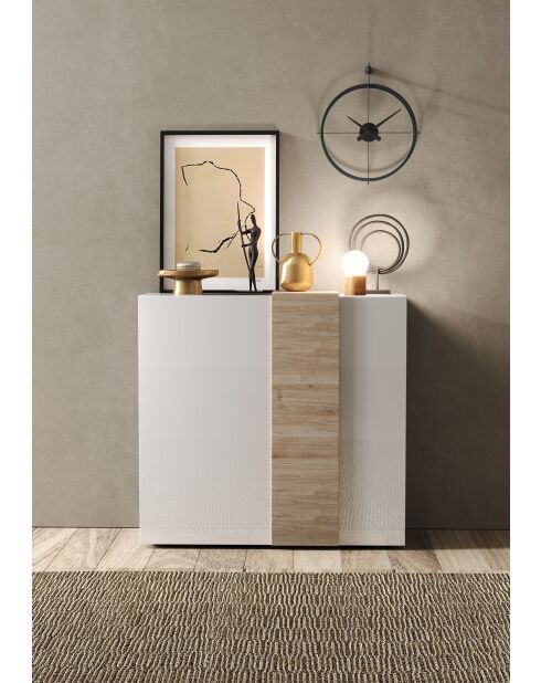 Highboard 2 portes VENUS blanc laqué brillant chêne cadiz - 121x44x114 cm