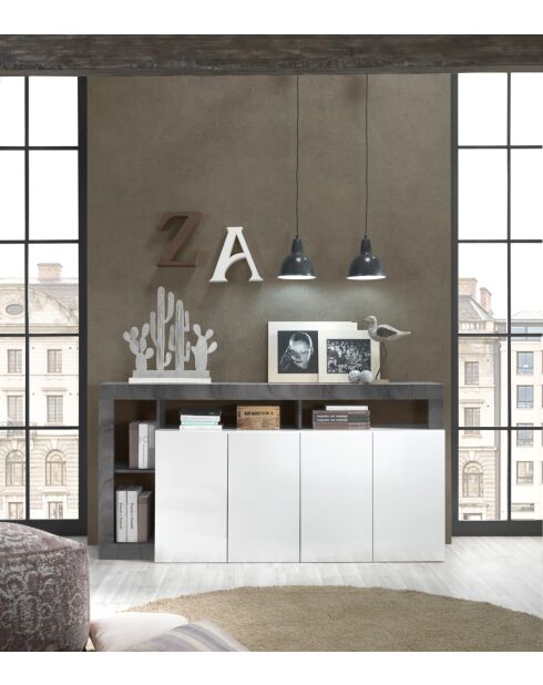 Buffet 4 portes HAMBURG blanc laqué brillant effet oxydé - 184x93x42 cm