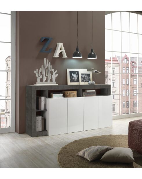 Buffet 4 portes HAMBURG blanc laqué brillant effet oxydé - 184x93x42 cm