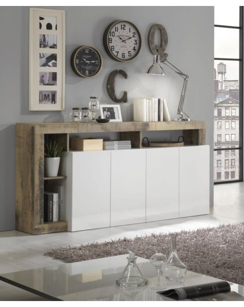 Buffet 4 portes HAMBURG blanc laqué brillant pero - 184x93x42 cm
