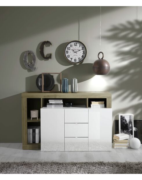 Buffet 2 portes, 3 tiroirs HAMBURG blanc laqué brillant, chêne cadiz - 146x93x42 cm
