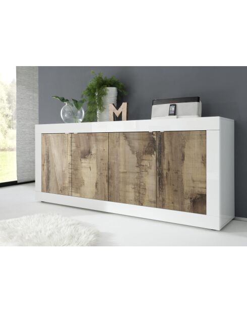 Buffet 4 portes BASIC blanc laqué brillant / pero - 207x86x43 cm