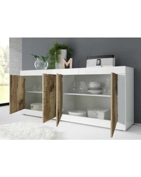 Buffet 4 portes BASIC blanc laqué brillant / pero - 207x86x43 cm