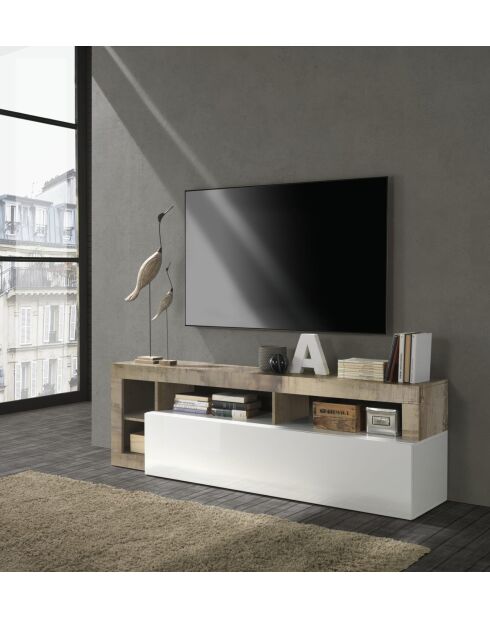 Meuble TV un abattant HAMBURG blanc laqué brillant pero - 184x58x42 cm