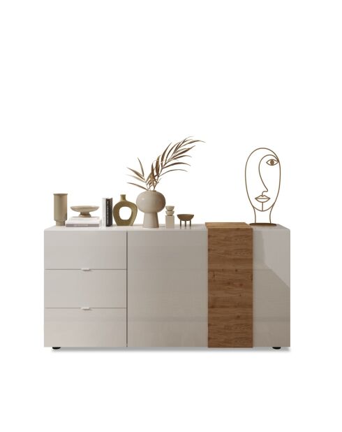Sideboard 2 portes, 3 tiroirs VENUS blanc laqué brillant chêne cadiz - 181x44x84 cm