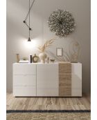 Sideboard 2 portes, 3 tiroirs VENUS blanc laqué brillant chêne cadiz - 181x44x84 cm