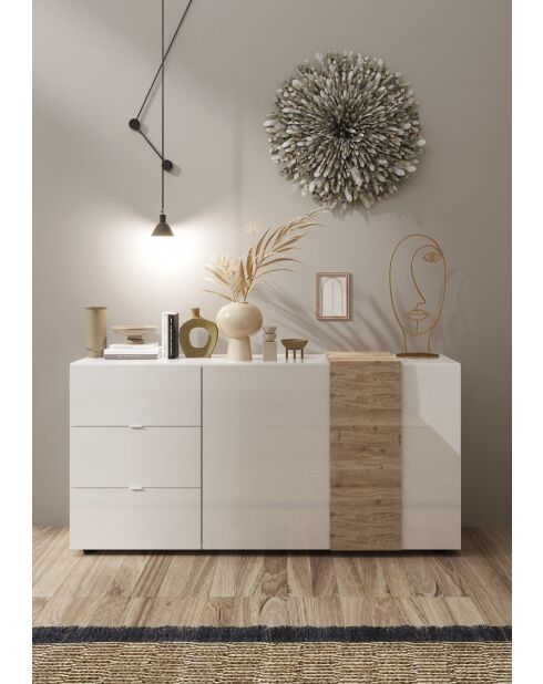 Sideboard 2 portes, 3 tiroirs VENUS blanc laqué brillant chêne cadiz - 181x44x84 cm