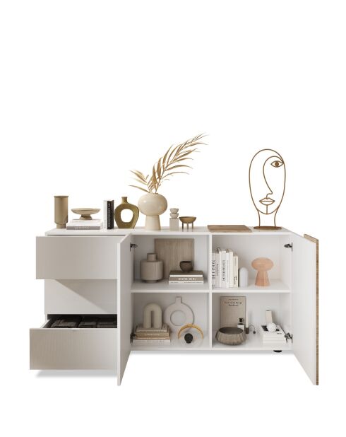 Sideboard 2 portes, 3 tiroirs VENUS blanc laqué brillant chêne cadiz - 181x44x84 cm