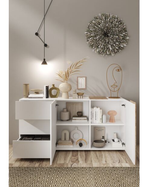 Sideboard 2 portes, 3 tiroirs VENUS blanc laqué brillant chêne cadiz - 181x44x84 cm