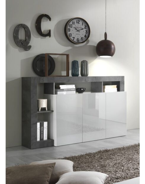 Buffet 3 portes HAMBURG blanc laqué brillant effet oxydé - 146x93x42 cm