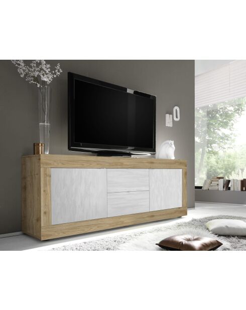 Lowboard 2 ante e 2 cassetti BASIC rovere cadiz/texturizzato bianco neve - 210x65x43 cm