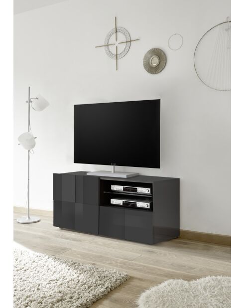 Meuble TV petit 1 porte 1 tiroir DAMA anthracite laqué brillant - 121x42x57 cm
