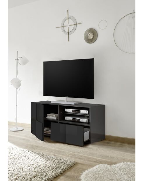 Meuble TV petit 1 porte 1 tiroir DAMA anthracite laqué brillant - 121x42x57 cm