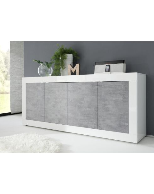 Buffet 4 portes BASIC blanc laqué brillant / béton - 207x86x43 cm