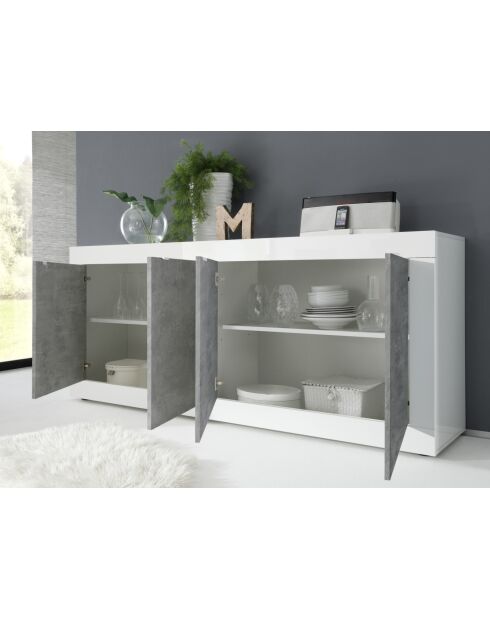 Buffet 4 portes BASIC blanc laqué brillant / béton - 207x86x43 cm