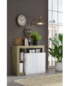 Buffet 2 portes HAMBURG blanc laqué brillant, chêne cadiz - 108x93x42 cm