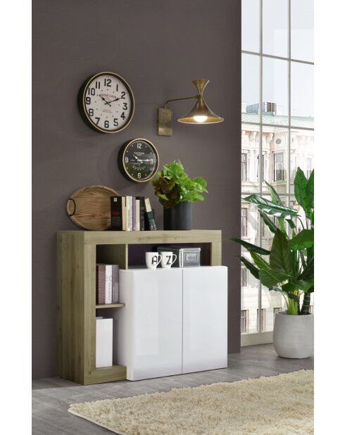 Buffet 2 portes HAMBURG blanc laqué brillant, chêne cadiz - 108x93x42 cm