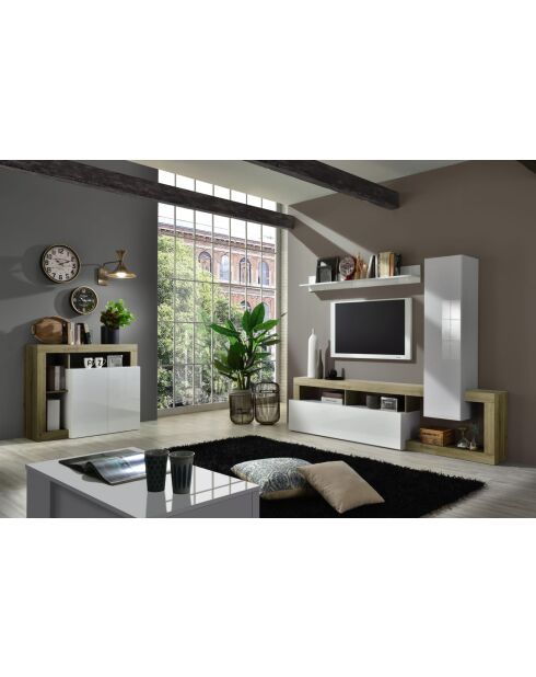 Buffet 2 portes HAMBURG blanc laqué brillant, chêne cadiz - 108x93x42 cm
