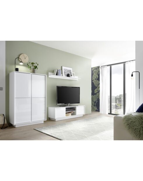Meuble TV 2 portes ICE blanc laqué brillant - 138x44x43 cm