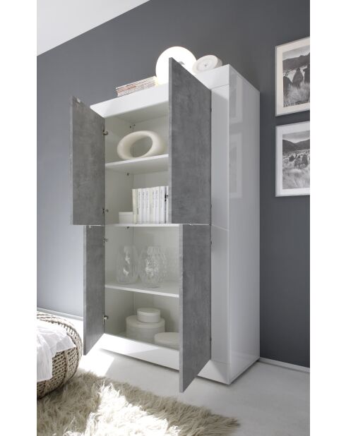 Armadio BASIC in legno a 4 ante laccato lucido bianco/cemento - 101,4x42x161,2 cm