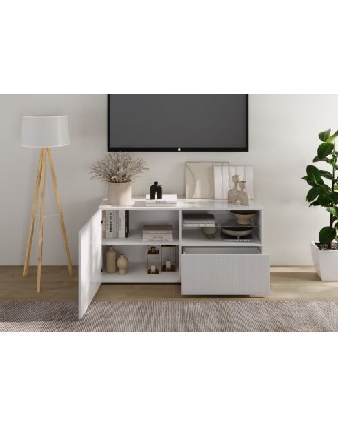 Kleiner TV-Ständer 1 Tür, 1 Schublade RIO weiß glänzend lackiert - 121x42x57 cm