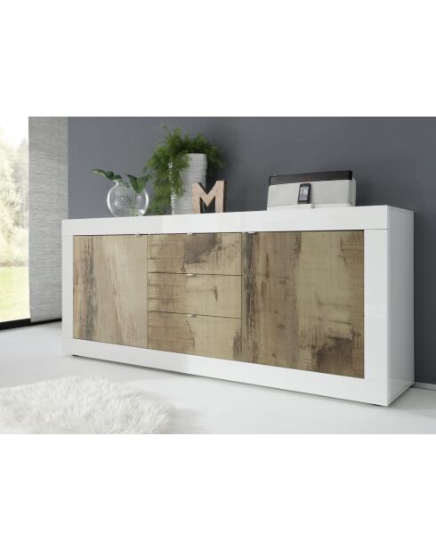 Buffet 2 portes, 3 tiroirs BASIC blanc laqué brillant / pero - 210x42x85.8 cm