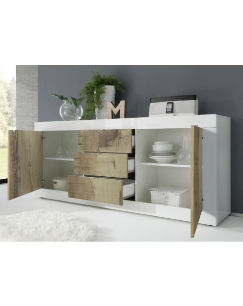 Buffet 2 portes, 3 tiroirs BASIC blanc laqué brillant / pero - 210x42x85.8 cm