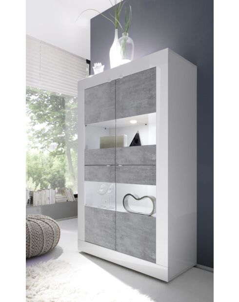 Vitrine 4 portes sans éclairage BASIC blanc laqué brillant / béton - 101.4x42x161.2 cm