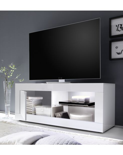 Kleiner 1-türiger TV-Ständer ohne Beleuchtung BASIC weiß glänzend lackiert - 140x56x43 cm