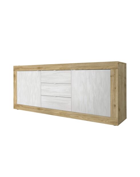 Buffet 2 portes, 3 tiroirs BASIC chêne cadiz / blanche neige texturée - 210x42x85.8 cm