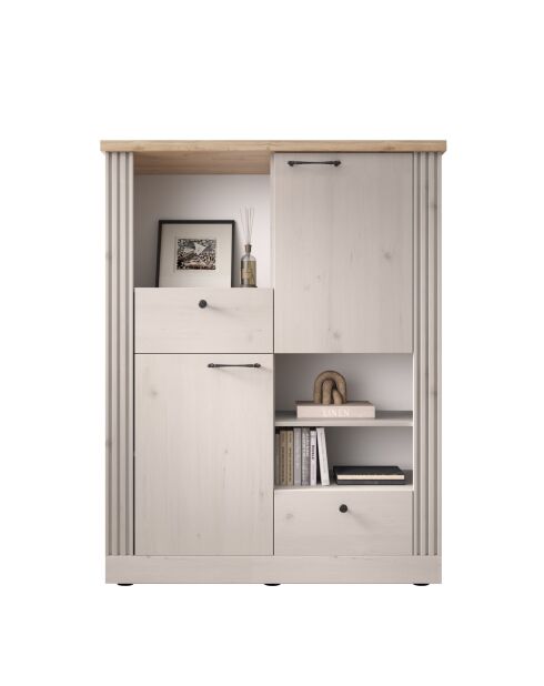 Meuble rangement 2 portes, 2 tiroirs COUNTRY plateau en chêne cadiz, chêne blanc meringué - 118x160x44 cm