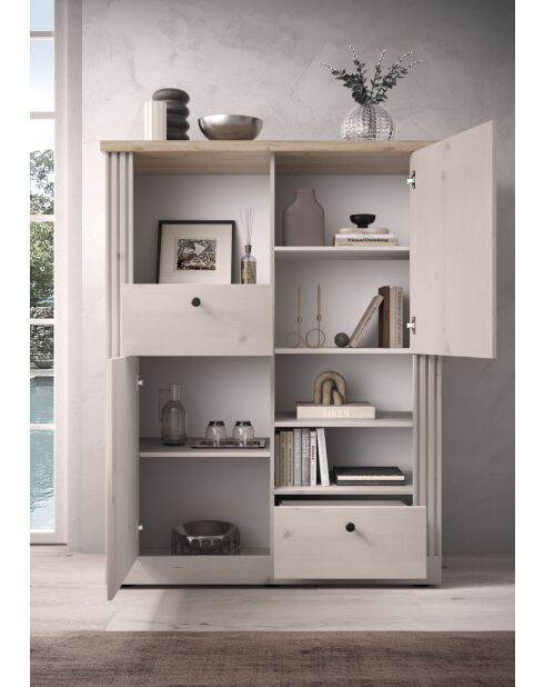 Meuble rangement 2 portes, 2 tiroirs COUNTRY plateau en chêne cadiz, chêne blanc meringué - 118x160x44 cm