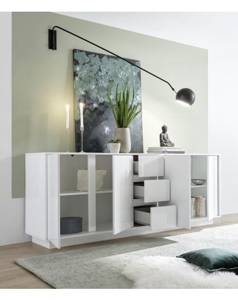 Buffet 4 Türen und 3 Schubladen ICE glänzend weiß lackiert - 180x78x43 cm