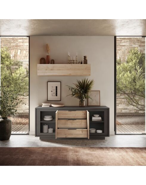 Buffet 2 portes, 3 tiroirs SKY lava / chêne cadiz - 180x80x50 cm