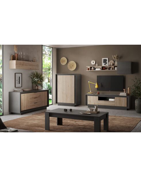 Buffet 2 portes, 3 tiroirs SKY lava / chêne cadiz - 180x80x50 cm