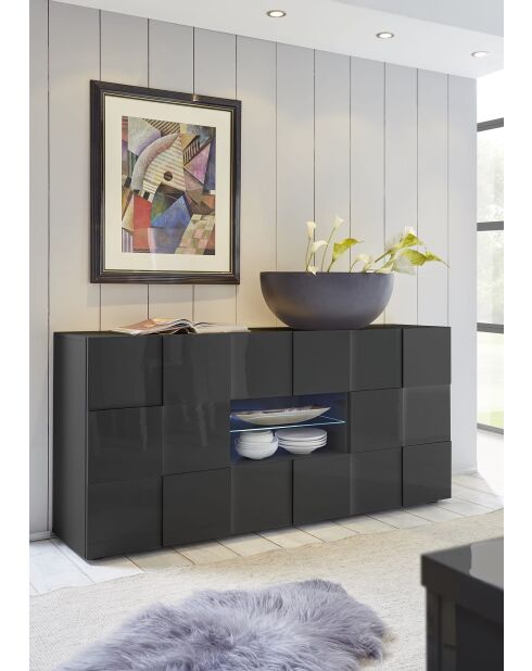 Buffet 2 portes, 2 tiroirs DAMA anthracite laqué brillant - 181x84x43 cm