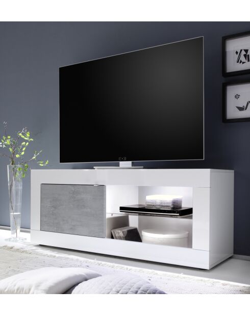 Tv-meubel klein, 1 deur zonder verlichting BASIC wit glanzend gelakt/beton - 140x56x43 cm