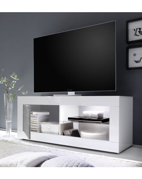Tv-meubel klein, 1 deur zonder verlichting BASIC wit glanzend gelakt/beton - 140x56x43 cm