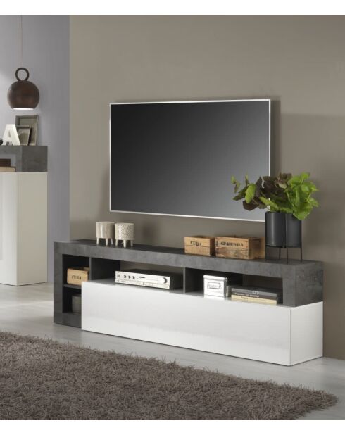 Mueble TV monoplaza HAMBURG en blanco brillante lacado con efecto oxidado - 184x58x42 cm