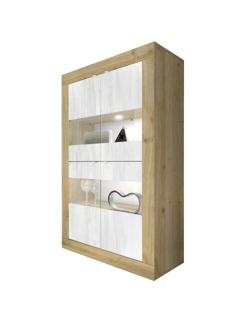 4-türige Vitrine ohne Beleuchtung BASIC Cadiz-Eiche/strukturiertes Schneeweiß - 101,4x42x161,2 cm