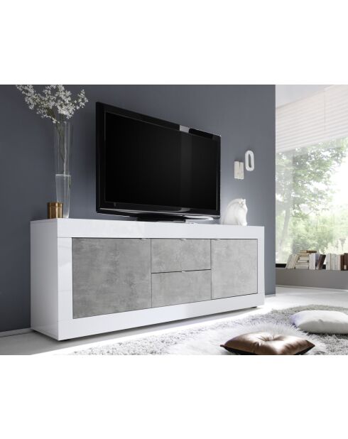 Lowboard 2 ante e 2 cassetti BASIC laccato lucido bianco/cemento - 210x65x43 cm