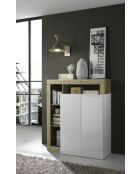 Mobile bar HAMBURG a 2 ante in bianco laccato lucido, rovere cadiz - 108x127x42 cm