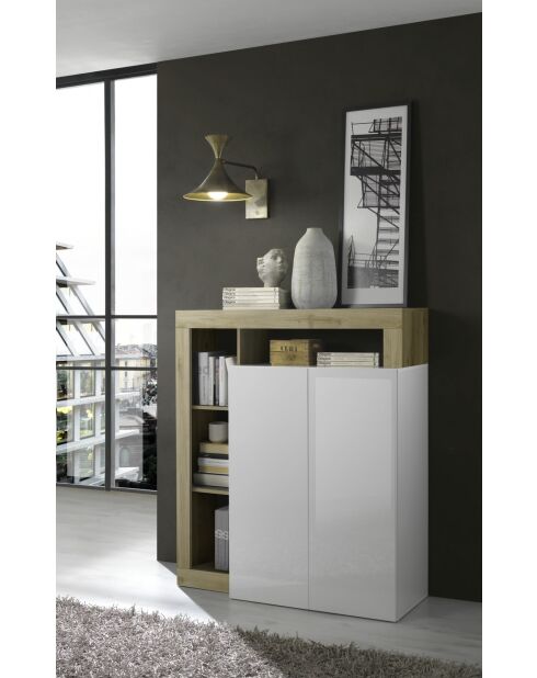 Mobile bar HAMBURG a 2 ante in bianco laccato lucido, rovere cadiz - 108x127x42 cm