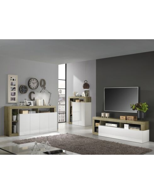 Mobile bar HAMBURG a 2 ante in bianco laccato lucido, rovere cadiz - 108x127x42 cm