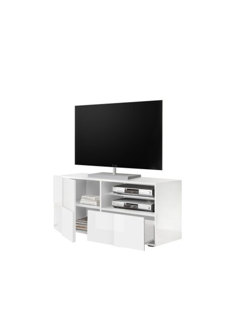 Kleiner TV-Ständer 1 Tür, 1 Schublade DAMA glänzend weiß lackiert - 121x42x57 cm