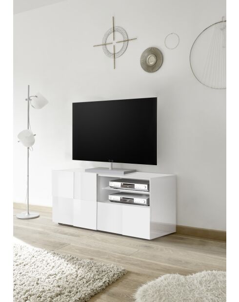 Kleiner TV-Ständer 1 Tür, 1 Schublade DAMA glänzend weiß lackiert - 121x42x57 cm