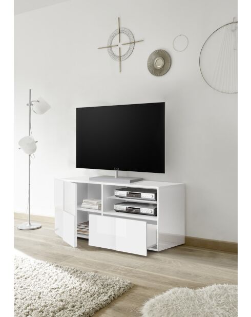 Kleiner TV-Ständer 1 Tür, 1 Schublade DAMA glänzend weiß lackiert - 121x42x57 cm