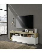 Einsitziger Fernsehschrank HAMBURG, glänzend lackiertes Weiß, Cadiz-Eiche - 184x58x42 cm