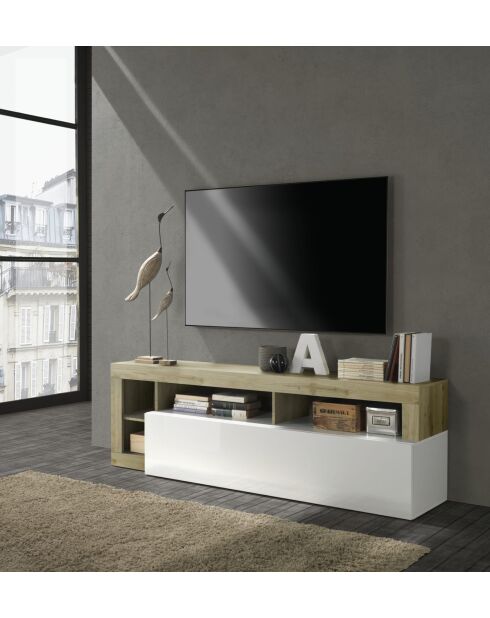 Einsitziger Fernsehschrank HAMBURG, glänzend lackiertes Weiß, Cadiz-Eiche - 184x58x42 cm