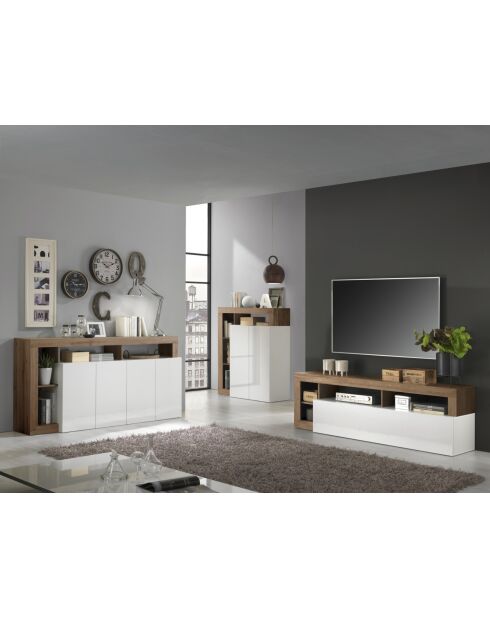 HAMBURG weiß glänzend lackierter Einsitzer-TV-Ständer, Quecksilberholz - 184x58x42 cm